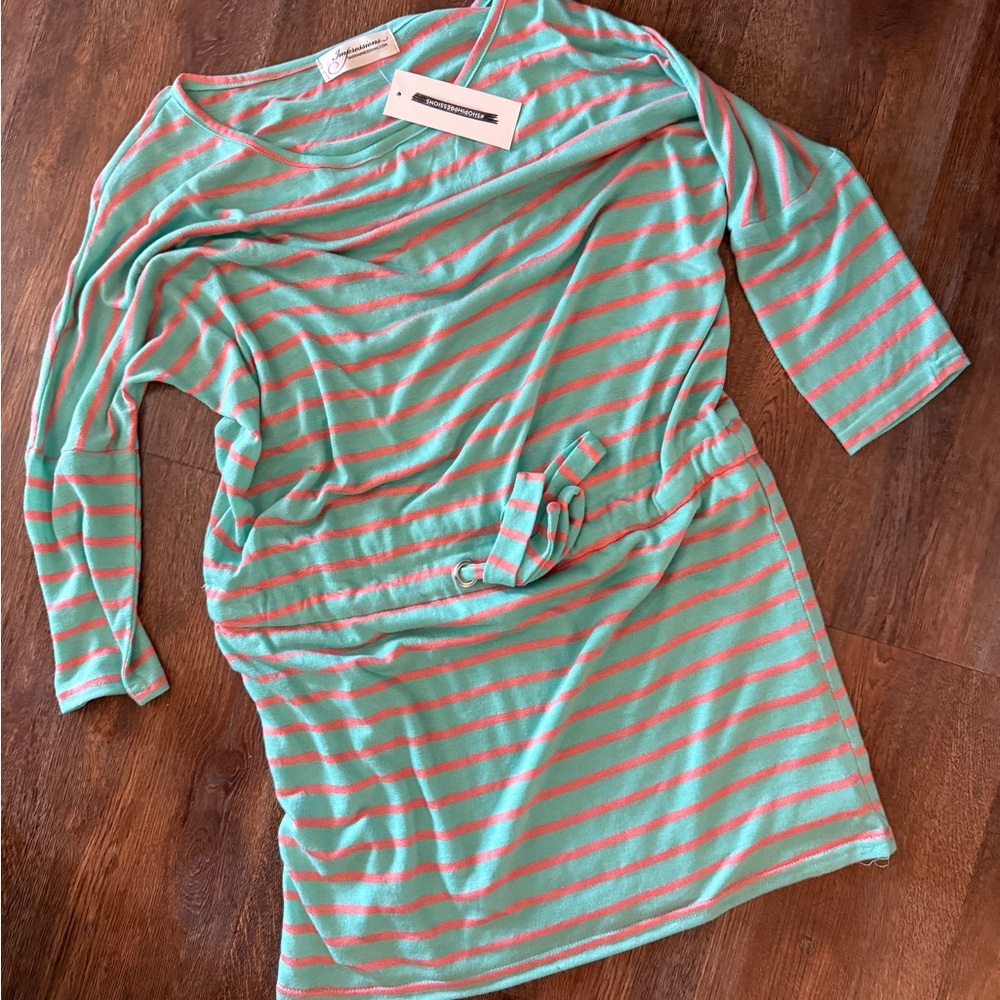 Striped Teal and Coral Dress/Coverup NWT